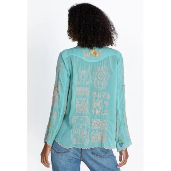 Johnny Was Allbee Blouse Marine Blue Long Shirt Flower Embroidery Top Large NEW - Picture 7 of 8
